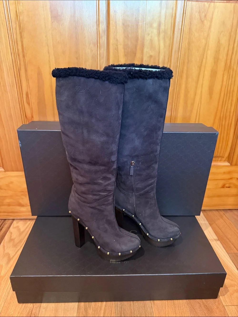 Gucci Black Suede  Shearling Stud Boots